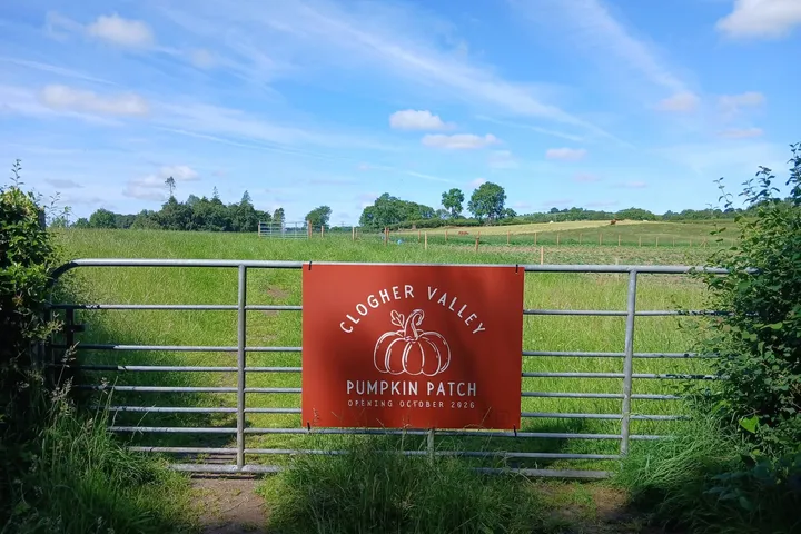 Clogher Valley Pumpkin Patch printed sign fixed to a farm gate in front of open fields.