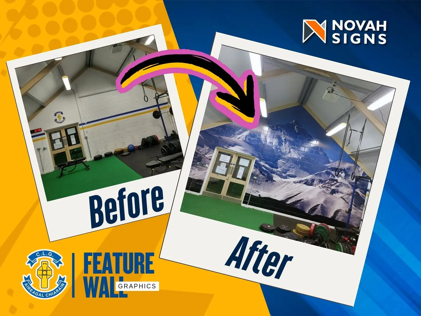 Before and after of the Errigal Ciarán GAC gym wall, from bare painted blockwork to a full-height snow-capped mountain graphic.