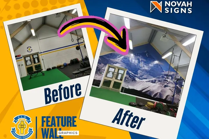 Before and after of the Errigal Ciarán GAC gym wall, from bare painted blockwork to a full-height snow-capped mountain graphic.