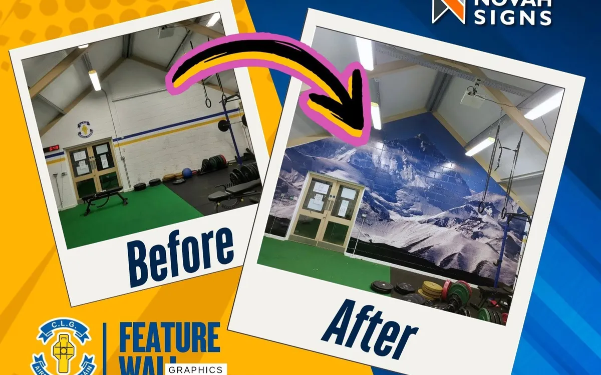 Before and after of the Errigal Ciarán GAC gym wall, from bare painted blockwork to a full-height snow-capped mountain graphic.
