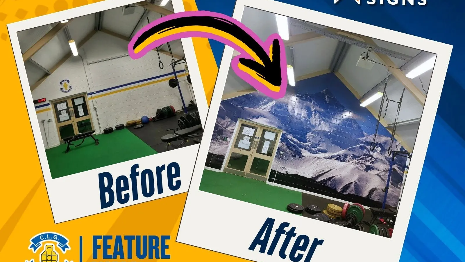 Before and after of the Errigal Ciarán GAC gym wall, from bare painted blockwork to a full-height snow-capped mountain graphic.