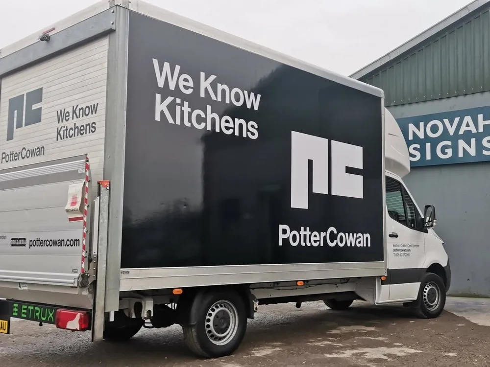 Potter Cowan box truck with a full vehicle wrap, photographed outside the Novah Signs workshop in Augher.
